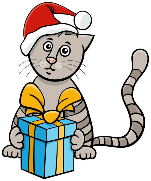 Cartoon cat or kitten with present on Christmas time