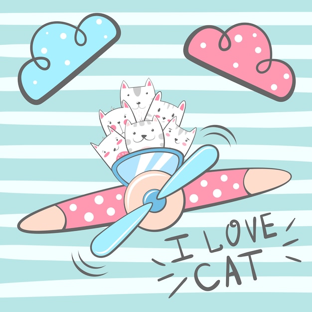 Gatto dei cartoni animati, personaggi dei gattini. illustrazione aeroplano