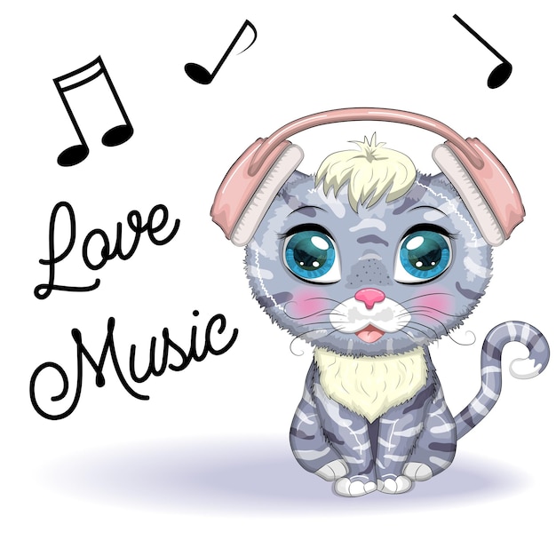 Vector cartoon cat music lover in headphones listens to music concert cute child character symbol of 2023 new chinese