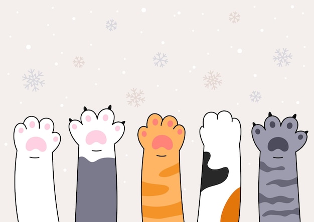 Cartoon cat paws catching snow snowflakes Kitten pet animal hands Winter banner card Vector drawing