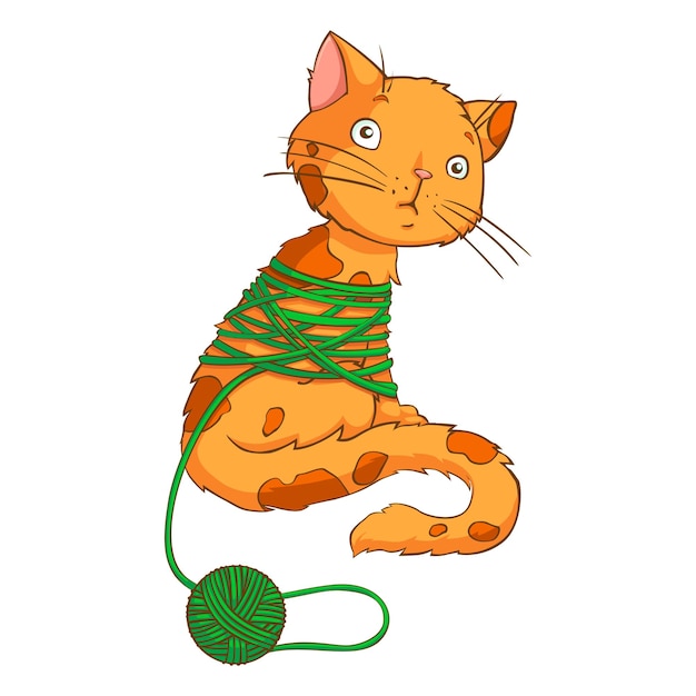 Cartoon cat playing with thread isolated