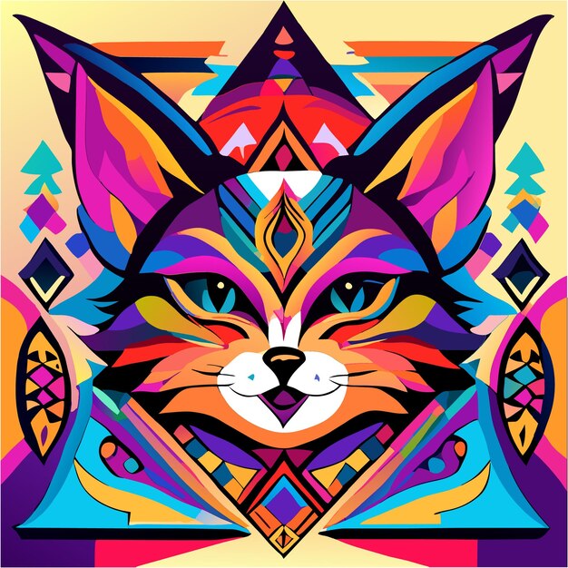 Vector cartoon cat's colorful rainbow adventure tattoo concept