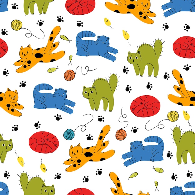 Cartoon cat seamless pattern cat in different poses and\
emotions playing sleeping scared