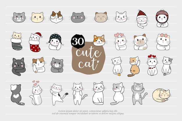 Cartoon cat set with emotions and different poses. cat behavior, 30 body language and face expressions. cats simple cute style. vector illustration