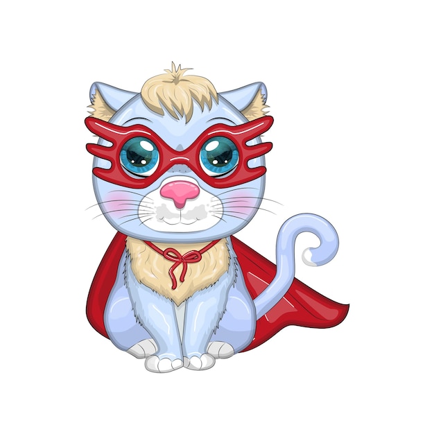 Cartoon cat superhero in a red cloak and mask Cute child character symbol of 2023 new chinese year