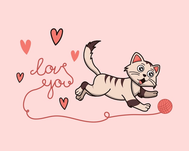 Cartoon cat on valentines day runs after a ball of thread