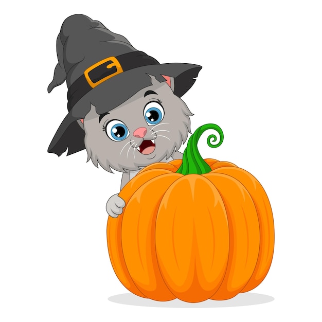 Vector cartoon cat in a witch hat with pumpkin