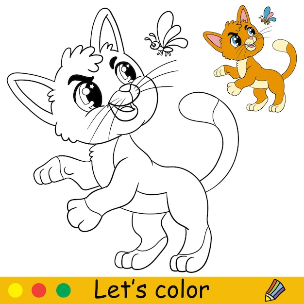 蝶の塗り絵ページベクトルを持つ漫画の猫