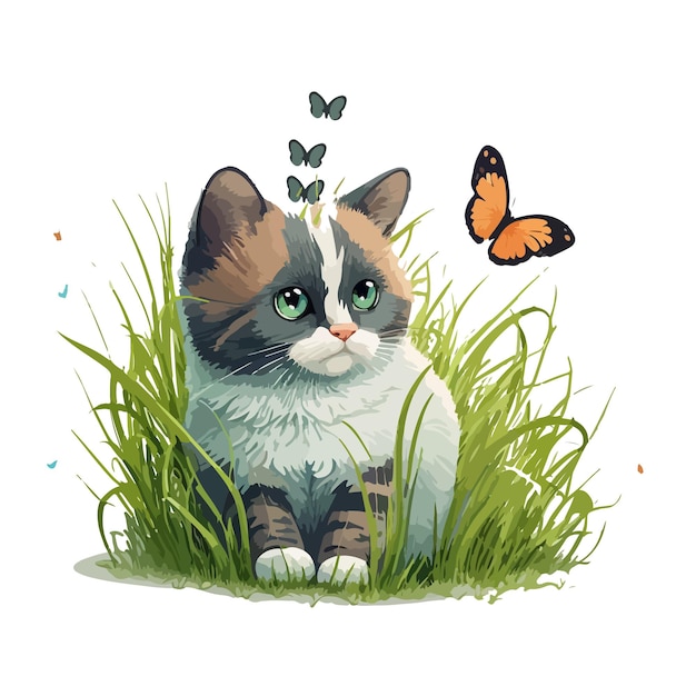 흰색 배경으로 잔디에 나비와 함께 만화 고양이