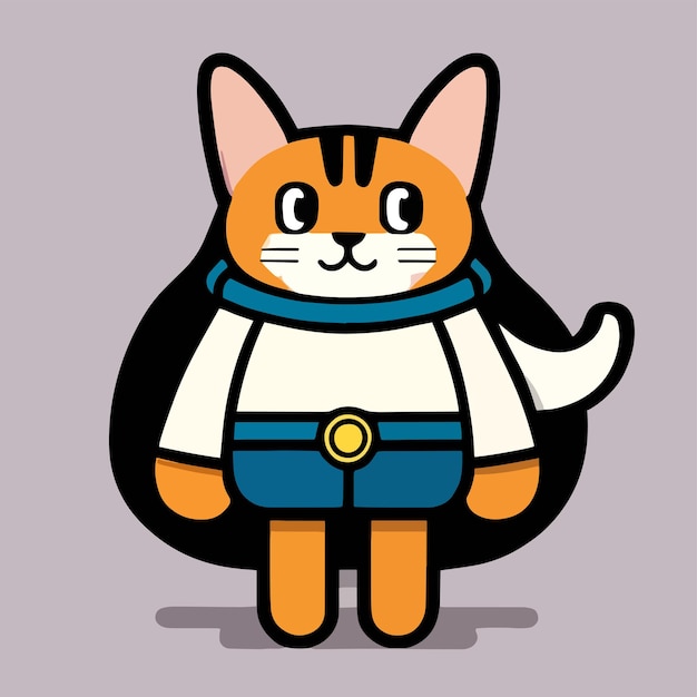 A cartoon cat with a cape and a shirt that says'cat'on it.