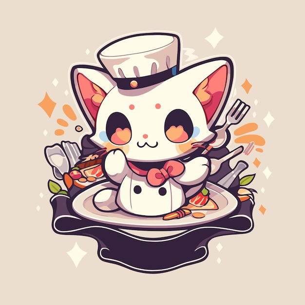 Мультяшный кот в шляпе шеф-повара сидит на тарелке с тарелкой с едой.