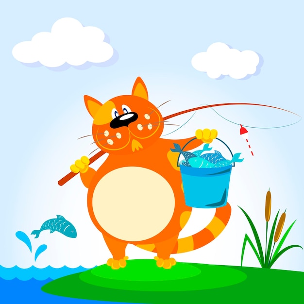 Cartoon cat with a fishing rod in its paw and a fish catch