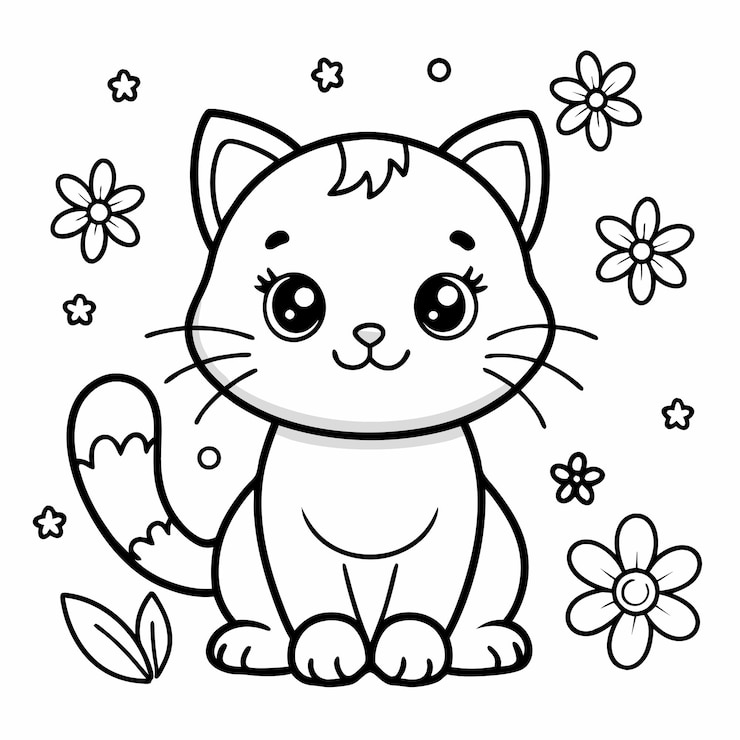 Вектор мультфильмная кошка с цветами и черно-белым фоном