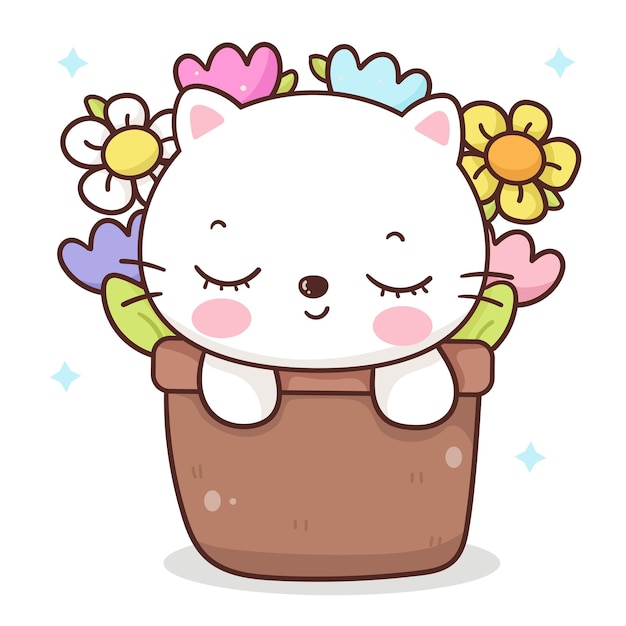 Vector a cartoon cat with flowers in a pot