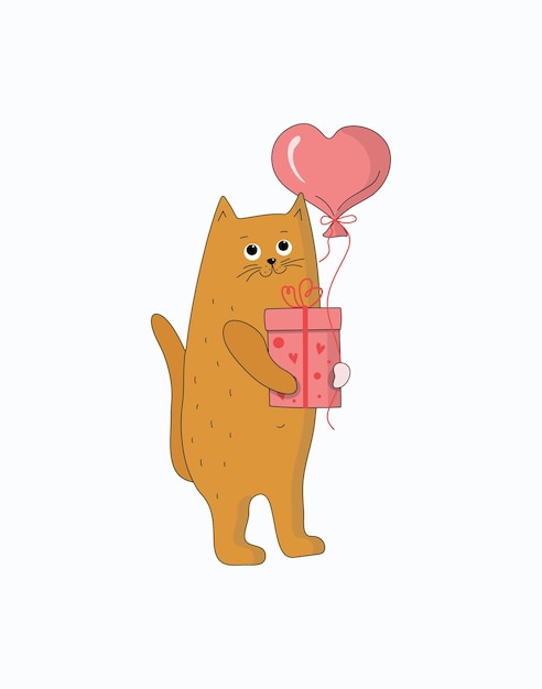 Cartoon cat with a gift box and a heart shaped balloon Cute icon of a kitten with a gift in a holiday package