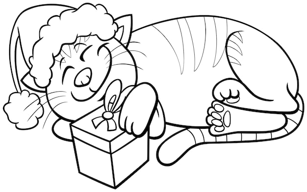 Cartoon cat with gift on Christmas time coloring page