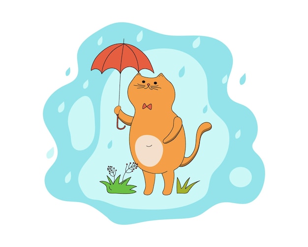 Cartoon cat with an umbrella Rain season Pet walk