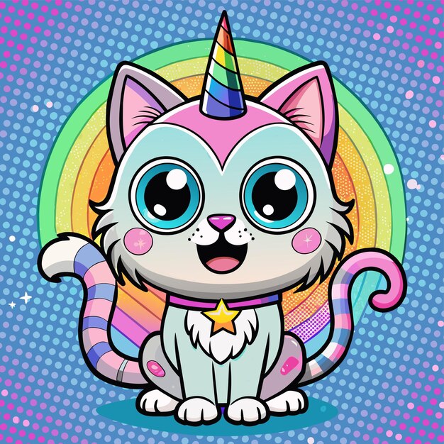 Vector a cartoon cat with an unicorn on its head and the rainbow on the bottom