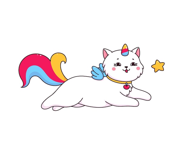 Vector cartoon caticorn with sky star cute unicorn cat