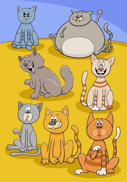 漫画の猫と子猫の動物のキャラクターグループ