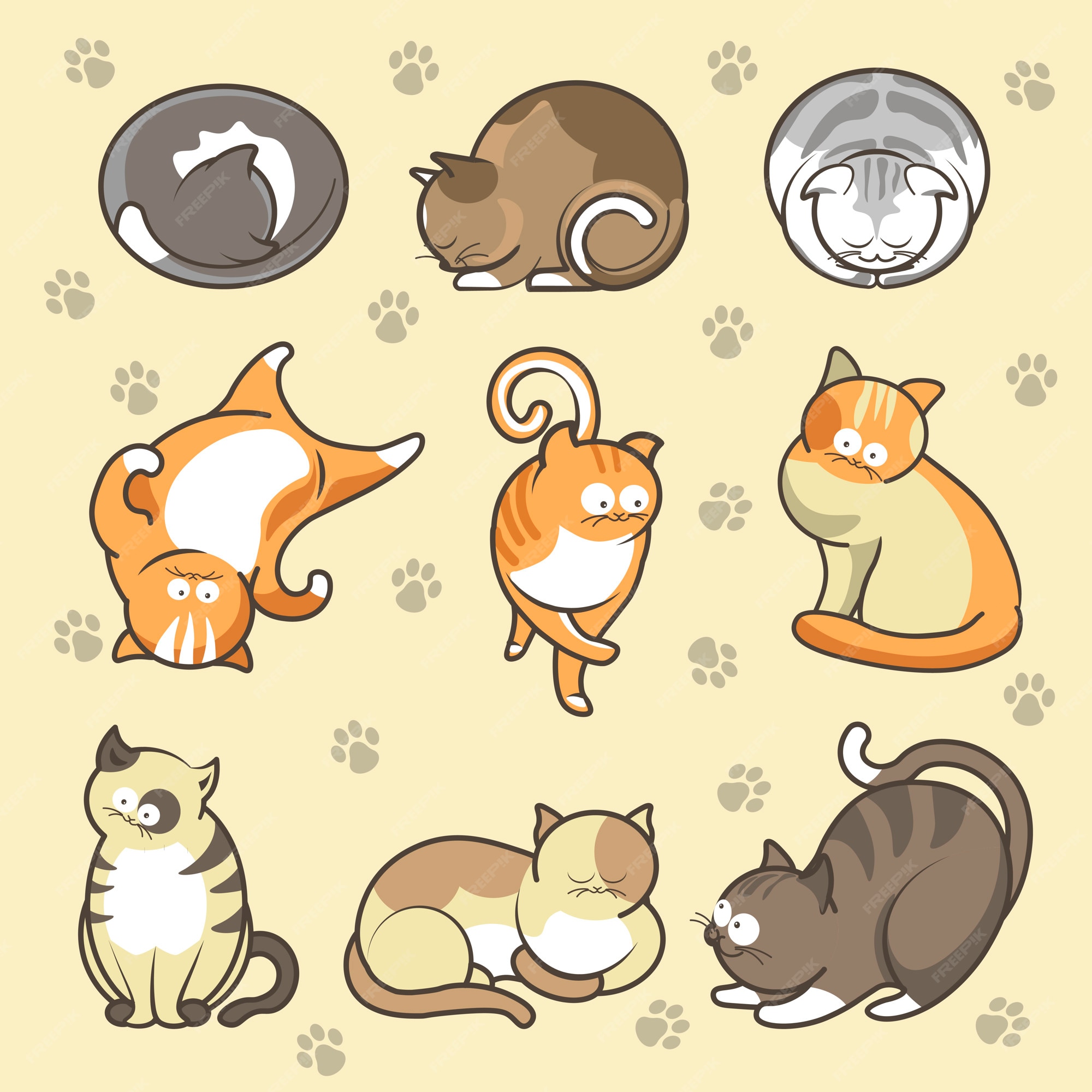 Cute Cats Pets or Kittens Playing or Posing Vector Flat Icons