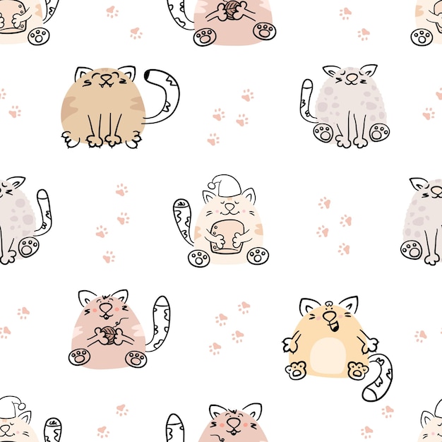 Premium Vector | Cartoon cats vector seamless pattern funny hand drawn ...