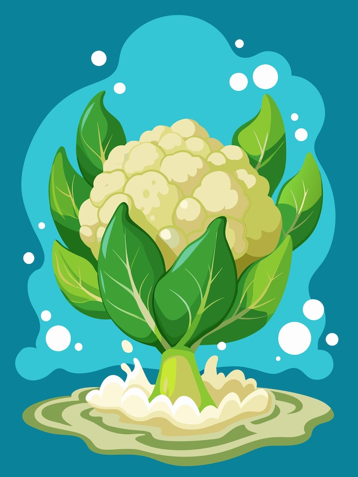 Vector cartoon cauliflower with green leaves emerging from water