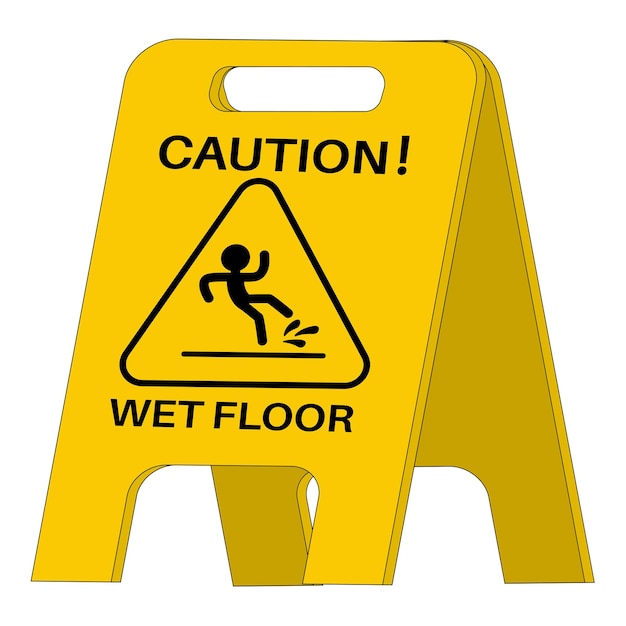 Cartoon caution wet floor sign on the nameplate in flat style isolated on white background.