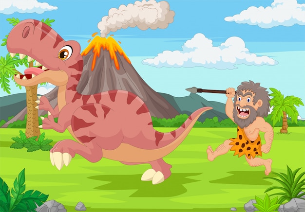 Cartoon caveman chasing a dinosaur