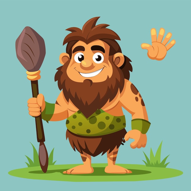 Vector a cartoon of a caveman with a paddle and a hand pointing at the ground