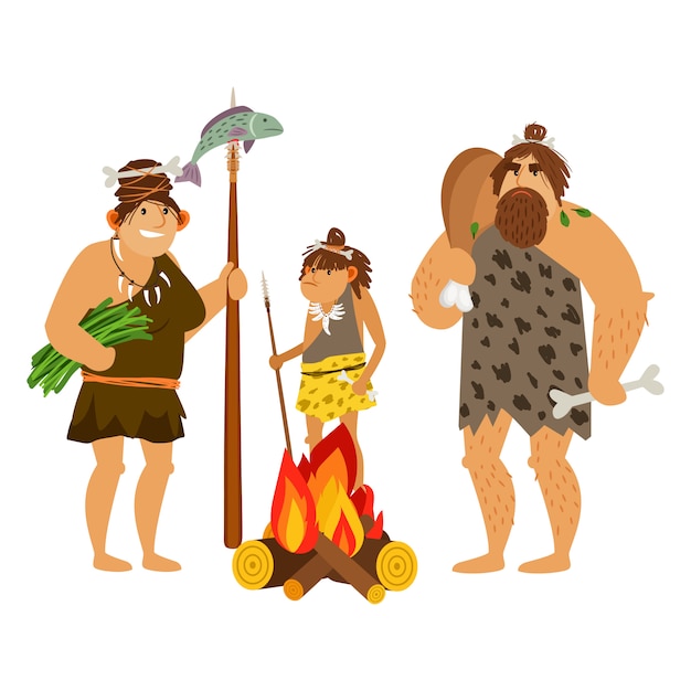 Vector cartoon cavemen family