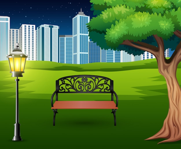Cartone animato di sedie nel parco verde con sfondo di costruzione di città