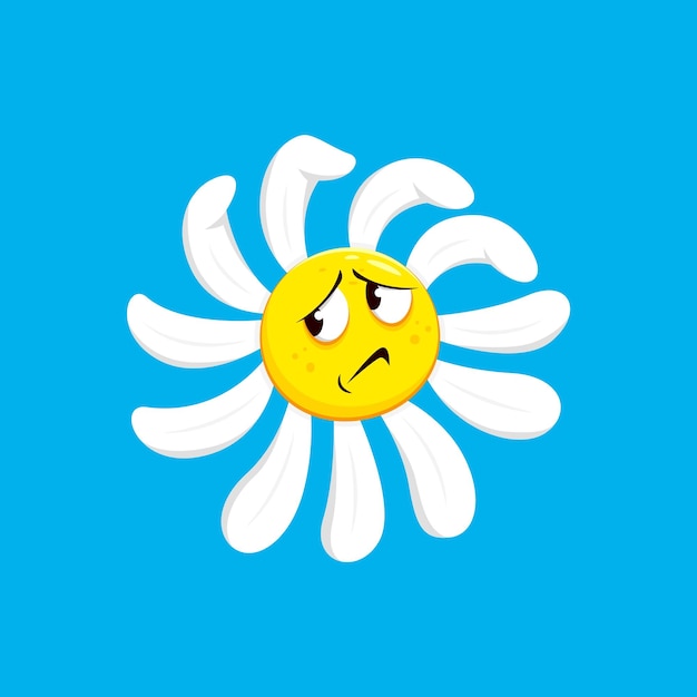 Vector cartoon chamomile daisy flower character with sad face emotion vector forlorn camomile emotive floral personage with drooping petals wear a frowning face reflecting a poignant and melancholic mood