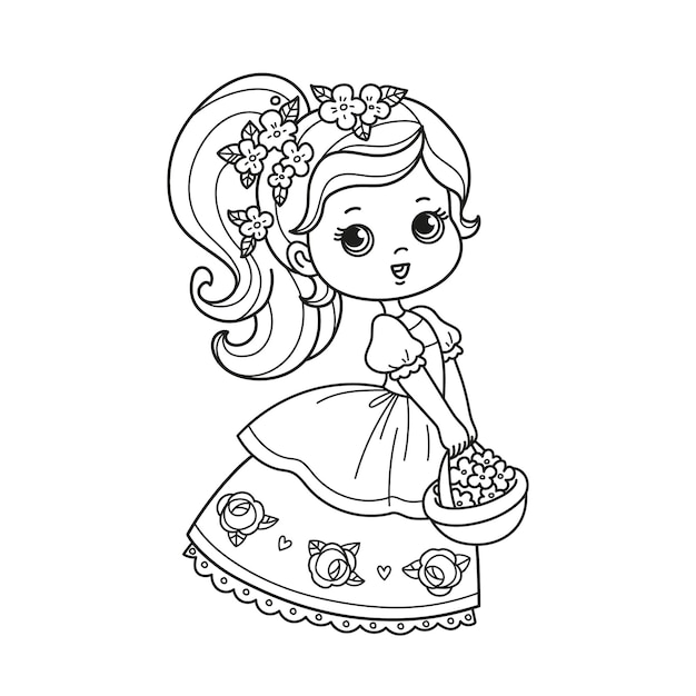 美しいドレスを着たかわいいお姫様が花のバスケットを持っている漫画のキャラクターぬりえ