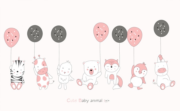 Cartoon character about cute baby animal and balloon on pink background. hand drawn cartoon style.