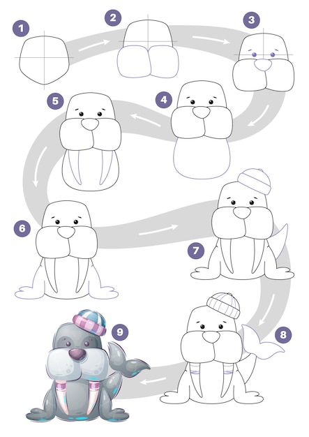 Cartoon character adorable animal walrus drawing tutorial Vector eps 10