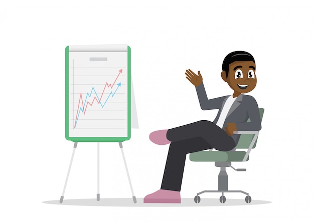 Cartoon character, african businessman relaxing in his chair with growing graph.