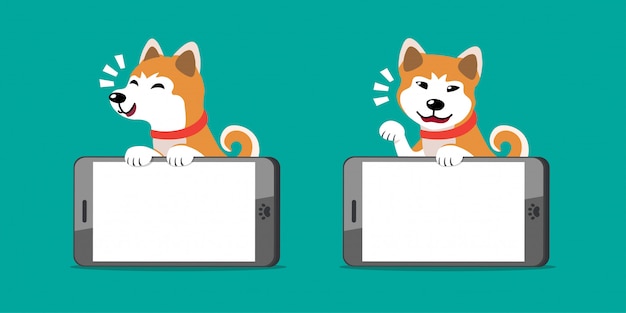 Vettore personaggio dei cartoni animati akita inu cane e smartphone