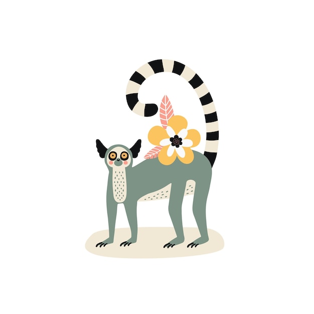 Vettore personaggio dei cartoni animati lemure animale con fiore, elementi di doodle astratti, vettore. animale da safari.