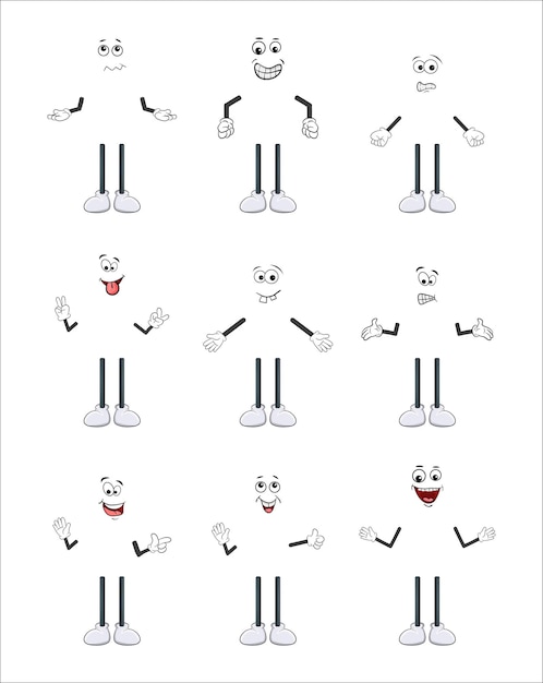 Vector cartoon character arm leg and face set isolated on white background