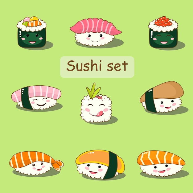 Cartoon character asian food Big sticker set with sushi roll shrimp