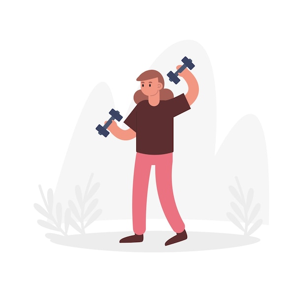 Vector cartoon character of athletic woman lifting dumbbell