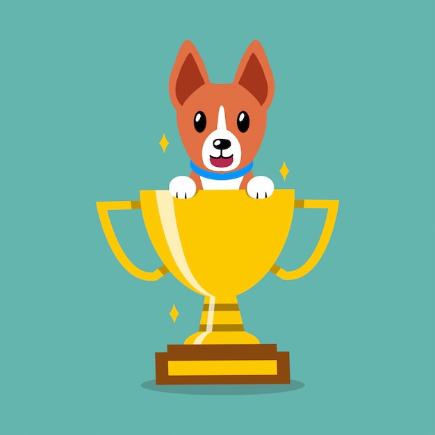 Cartoon  character basenji dog with gold trophy cup award