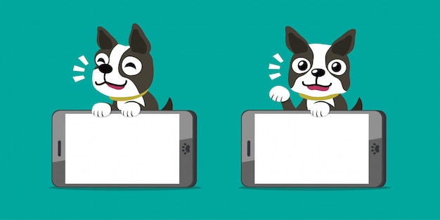 Vector cartoon character boston terrier dog and smartphones