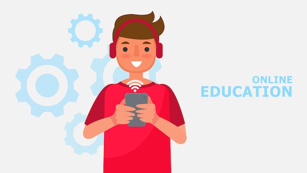 ベクトル 漫画のキャラクターの少年と教育コミュニケーションの概念。距離学習情報技術のイラストオンラインで教育教育自宅で学ぶ流行の状況でコンテンツ。