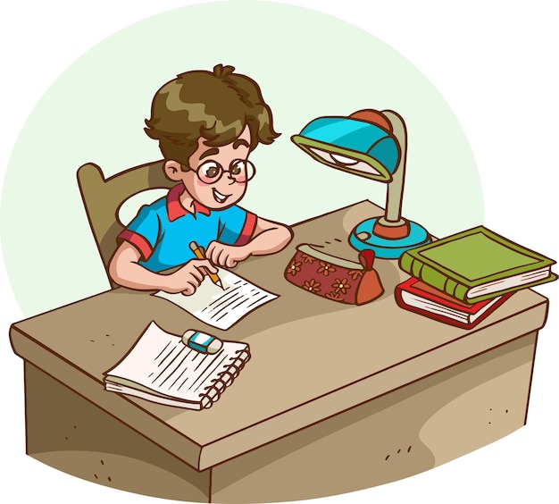 Vector cartoon character boy does a homework vector eps10