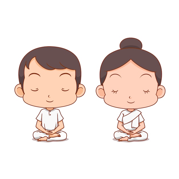 Cartoon character of boy and girl meditating in white clothes.