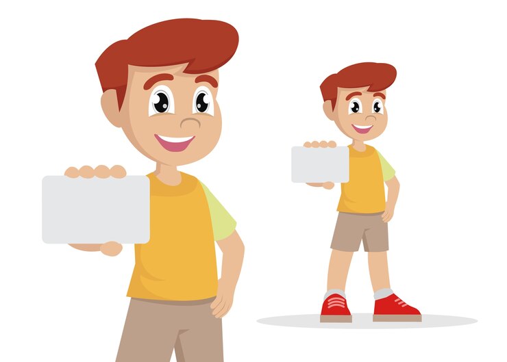 Vector cartoon character, boy holding card., vector eps10