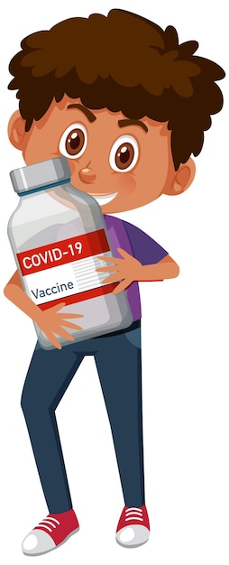 Cartoon character of a boy holding a covid-19 vaccine bottle