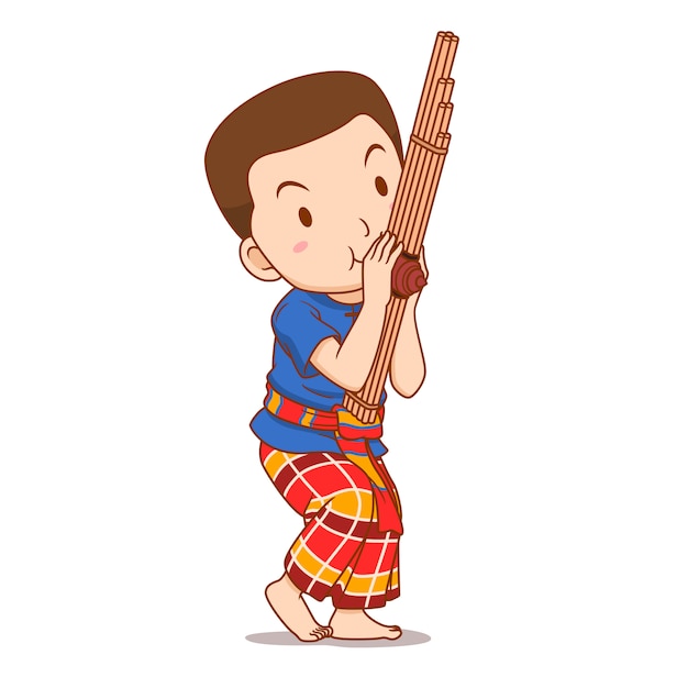 Vector cartoon character of boy playing khaen instrument.